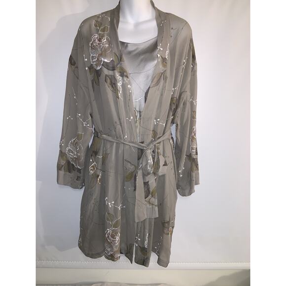 Victoria Secret VTG Slip 100% Silk Night Gown Robe Lingerie Set Gray Floral S - Picture 3 of 12